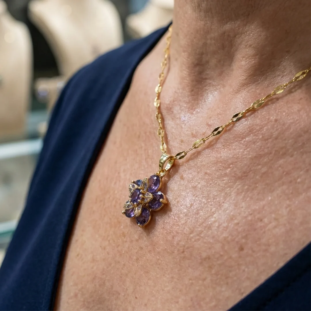Amelyth Violet Flower Necklace | Gold - Image 2