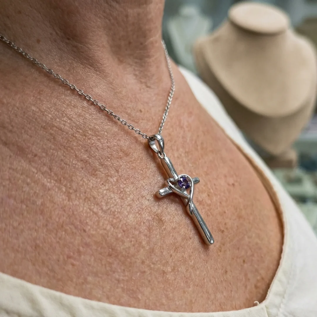 Amethyst Center Cross Necklace | White Gold - Image 2