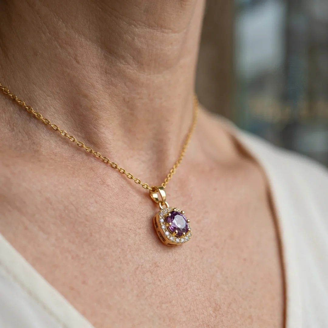 Amethyst Square Pave Necklace | Gold - Image 2