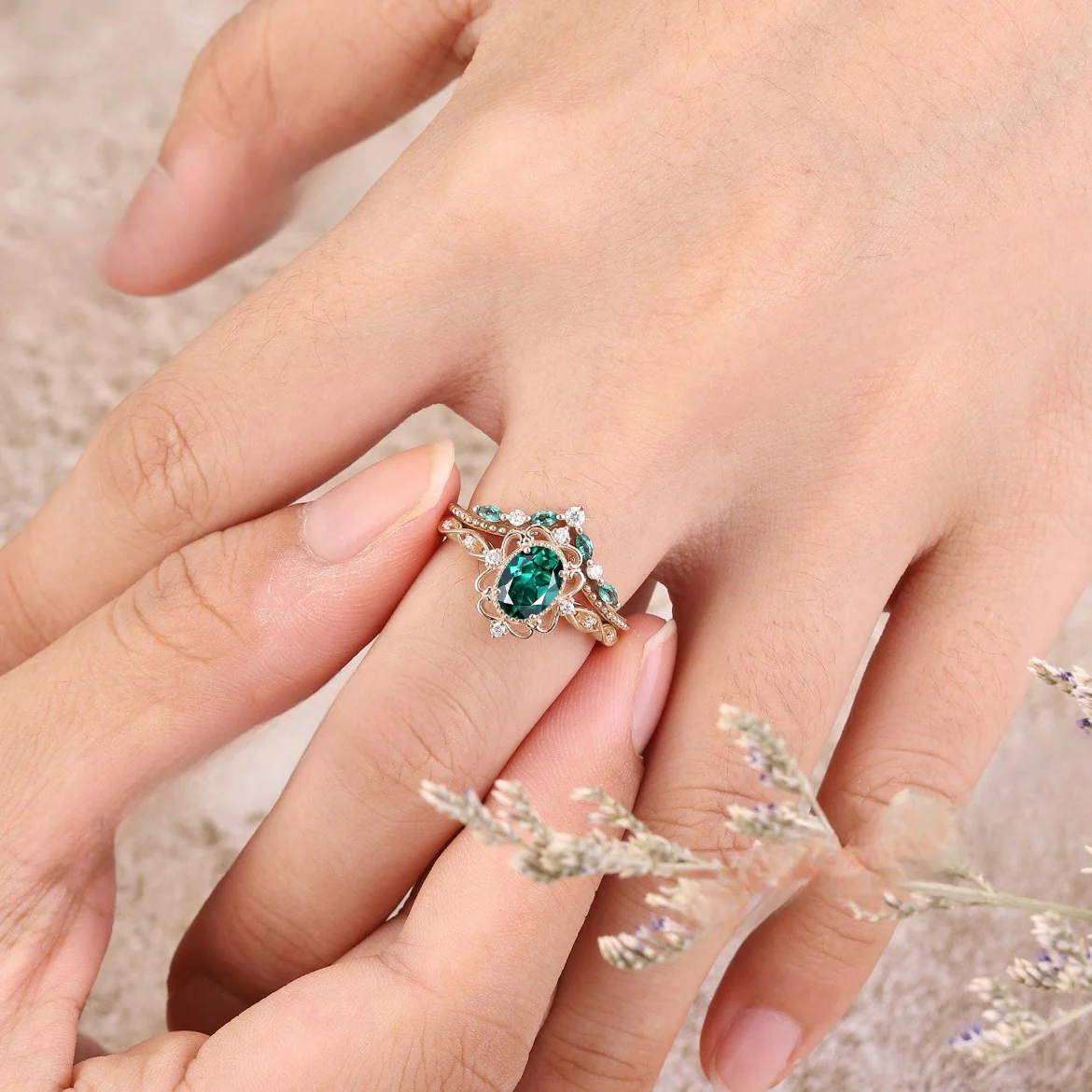 Aurelle Emerald Crown Ring Set | Rose Gold - Image 2