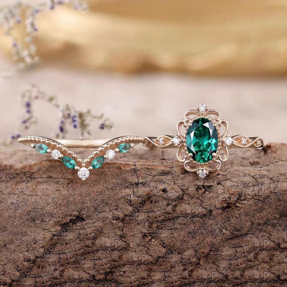 Aurelle Emerald Crown Ring Set | Rose Gold - Image 3