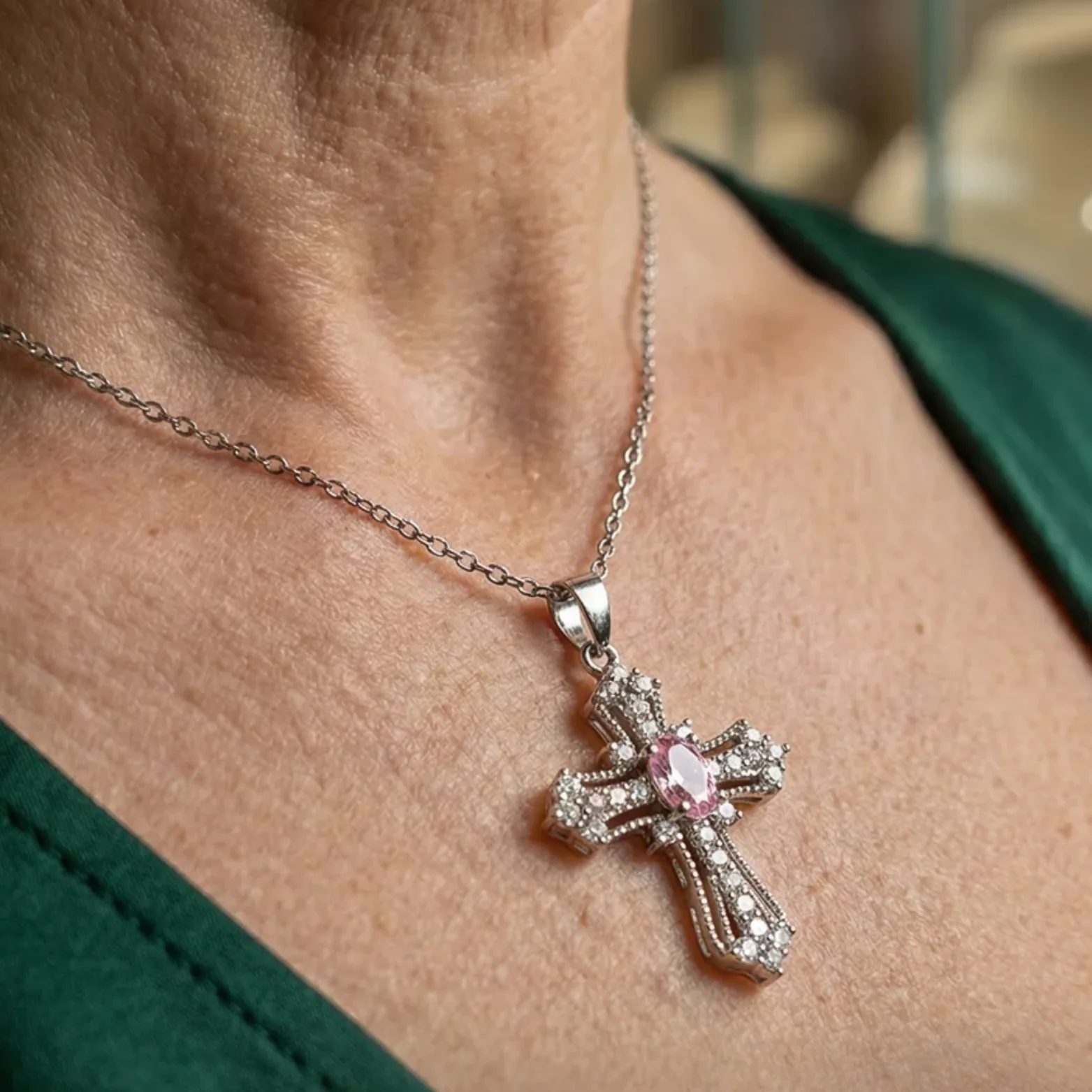 Celestial Pink Cross Necklace | White Gold - Image 2