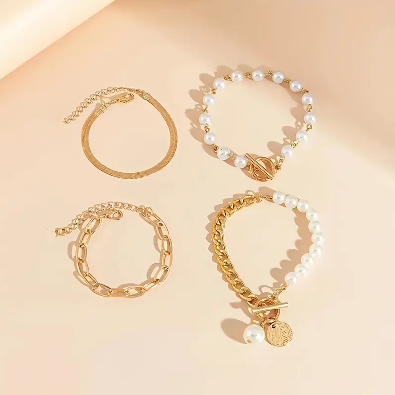 Chic Gold 4-Piece Bracelet Set - Snake, Pearls & Links | Gold - Image 4