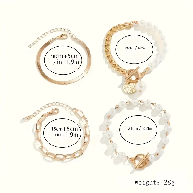 Chic Gold 4-Piece Bracelet Set - Snake, Pearls & Links | Gold - Image 6