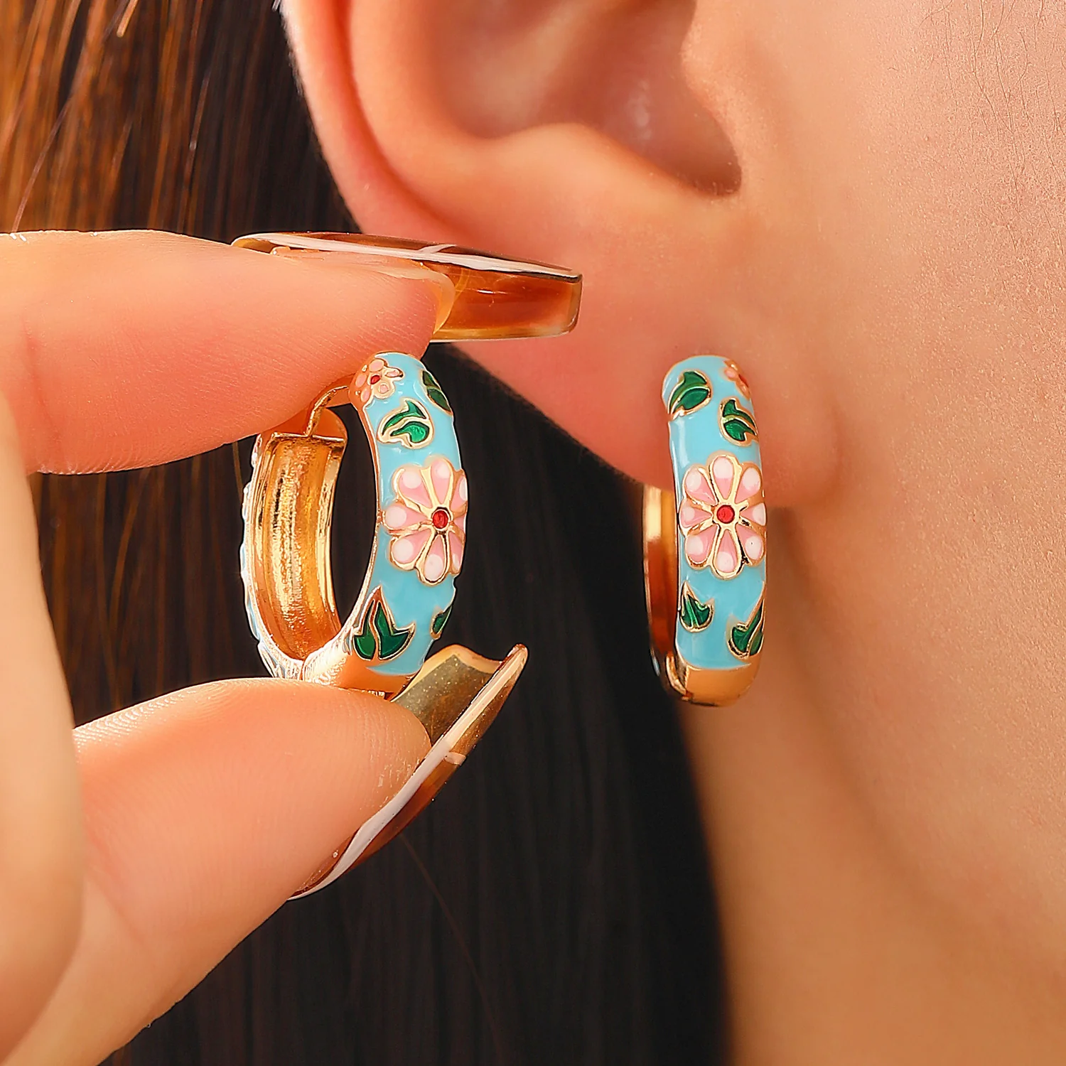 Colorful Floral Hoop Earrings | Gold - Image 2