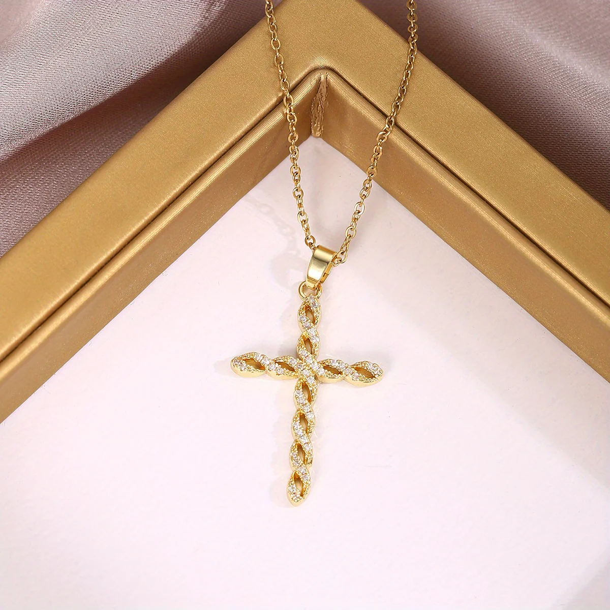 Crystal Twist Cross Necklace | Gold - Image 2