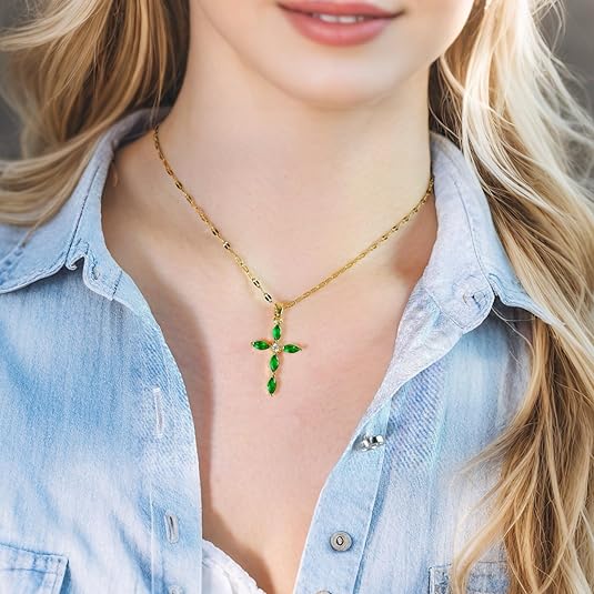 Emerald Cross Necklace | Gold - Image 4