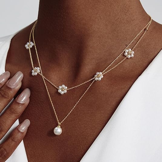 Floral Pearl Layered Necklace | Gold - Image 4