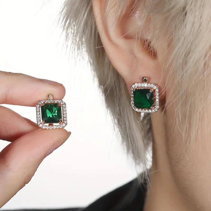 Golden Green Square Zirconia Earrings | Gold - Image 2