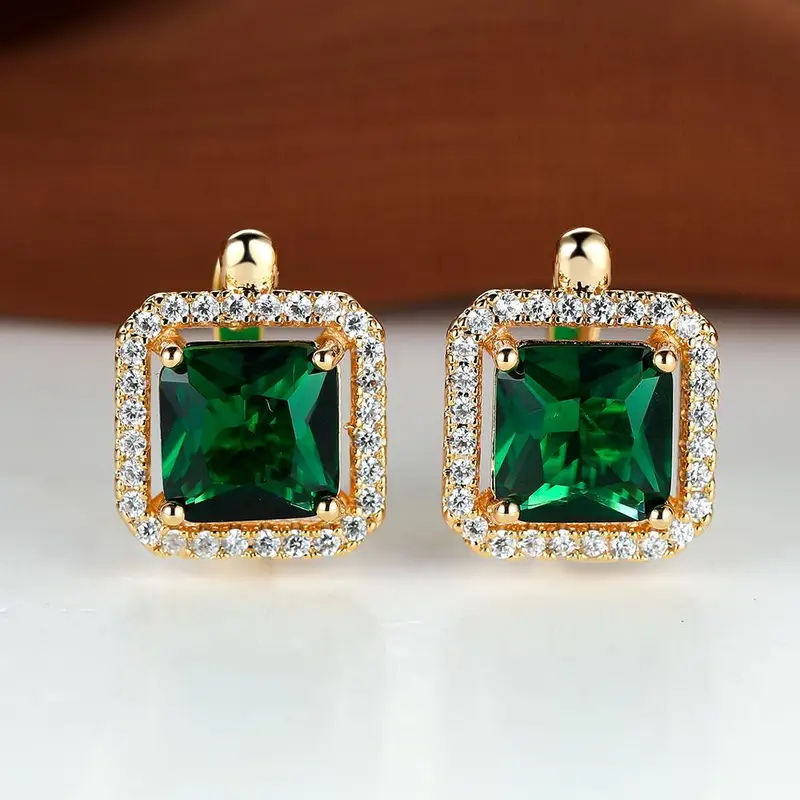 Golden Green Square Zirconia Earrings | Gold - Image 3