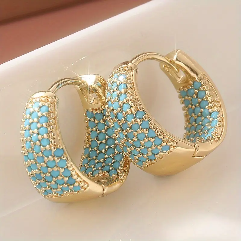Golden-Tone Turquoise Beaded Hoop Earrings | Gold - Image 3