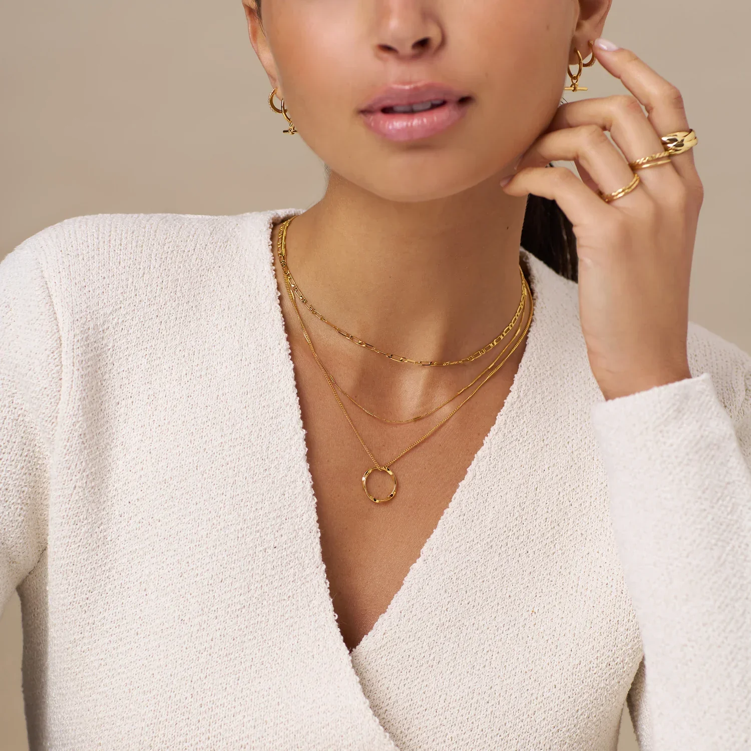 Open Circle Three Row Necklace | Gold - Image 5