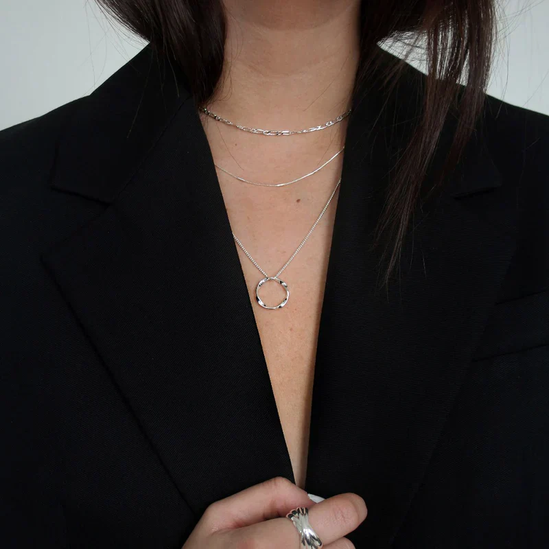 Open Circle Three Row Necklace | White Gold - Image 6