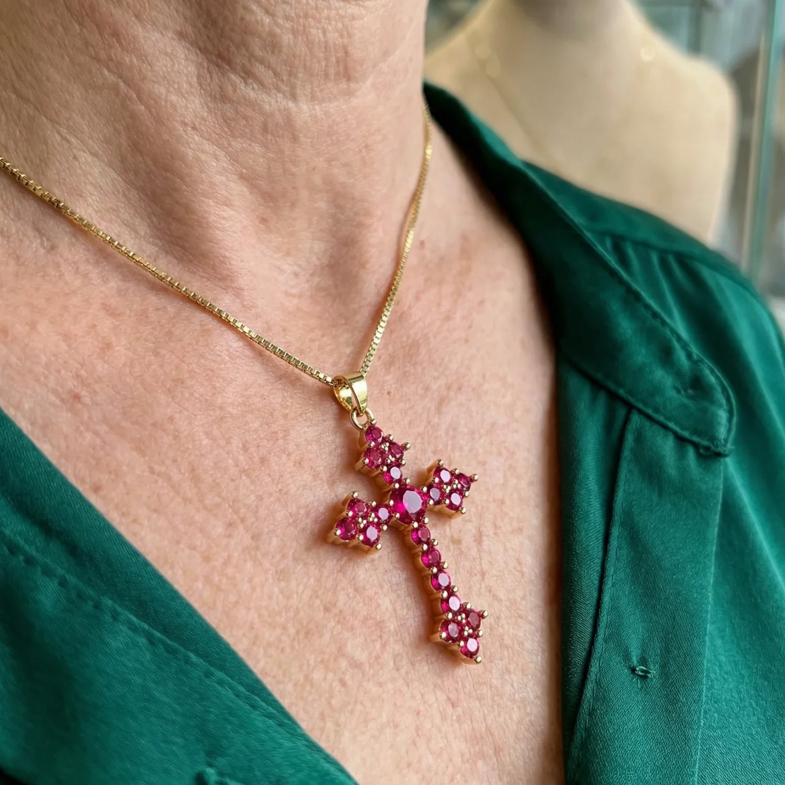 Pink Cluster Cross Necklace | Gold - Image 2