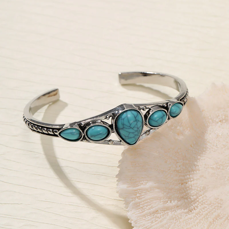 Turquoise Teardrop Open Bracelet | White Gold - Image 2