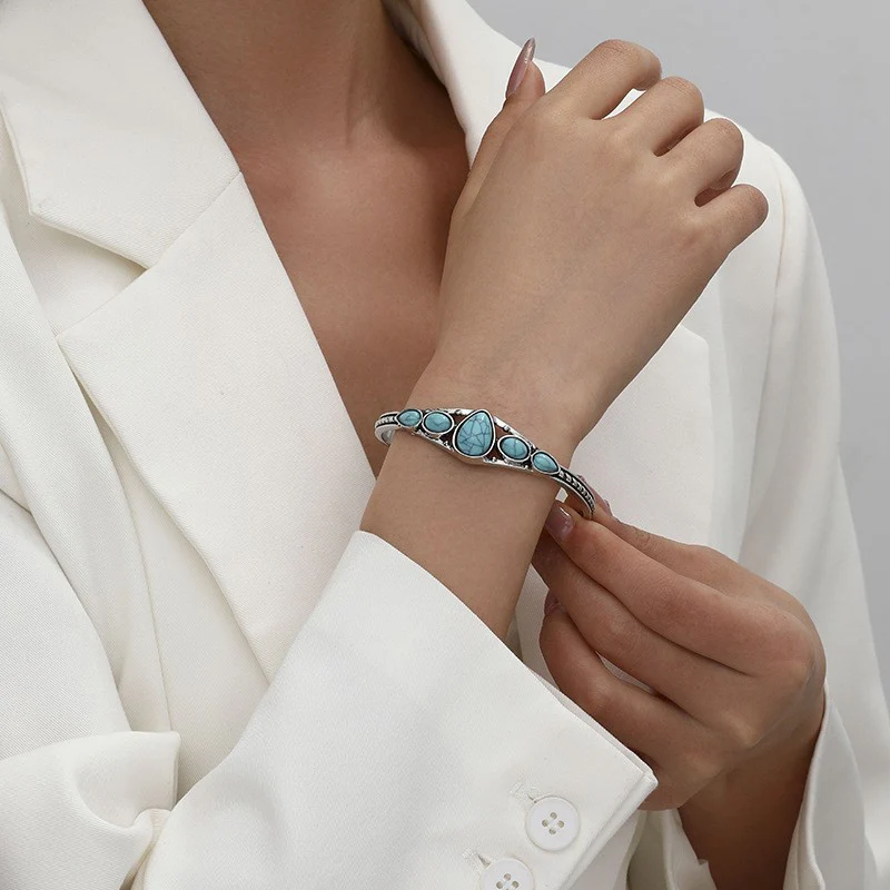 Turquoise Teardrop Open Bracelet | White Gold - Image 3