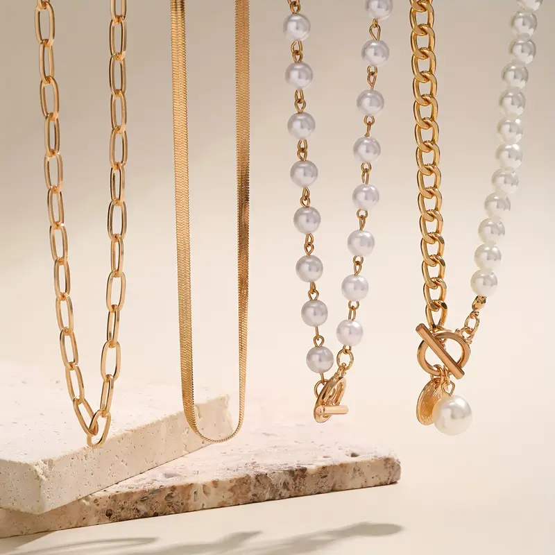 Vintage Pearl & Gold Snake Chain Necklace Set | Gold - Image 3