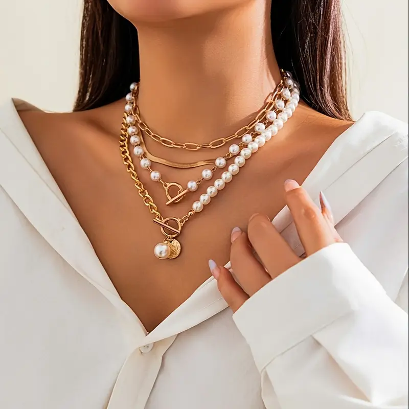 Vintage Pearl & Gold Snake Chain Necklace Set | Gold - Image 6